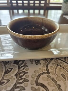 Vintage Ceramic Serving Bowl in Brown and Cream With Drip Glaze